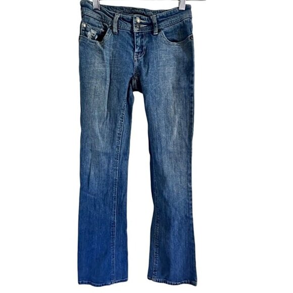 Squeeze Jeans Women's size 0 zero Distressed camo patched boot cut med wash - Picture 1 of 12